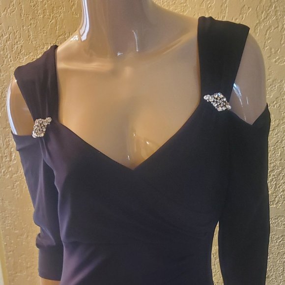 Long black, cold shoulder R& M Richards evening dress. Size 12. NWT. - Picture 3 of 8